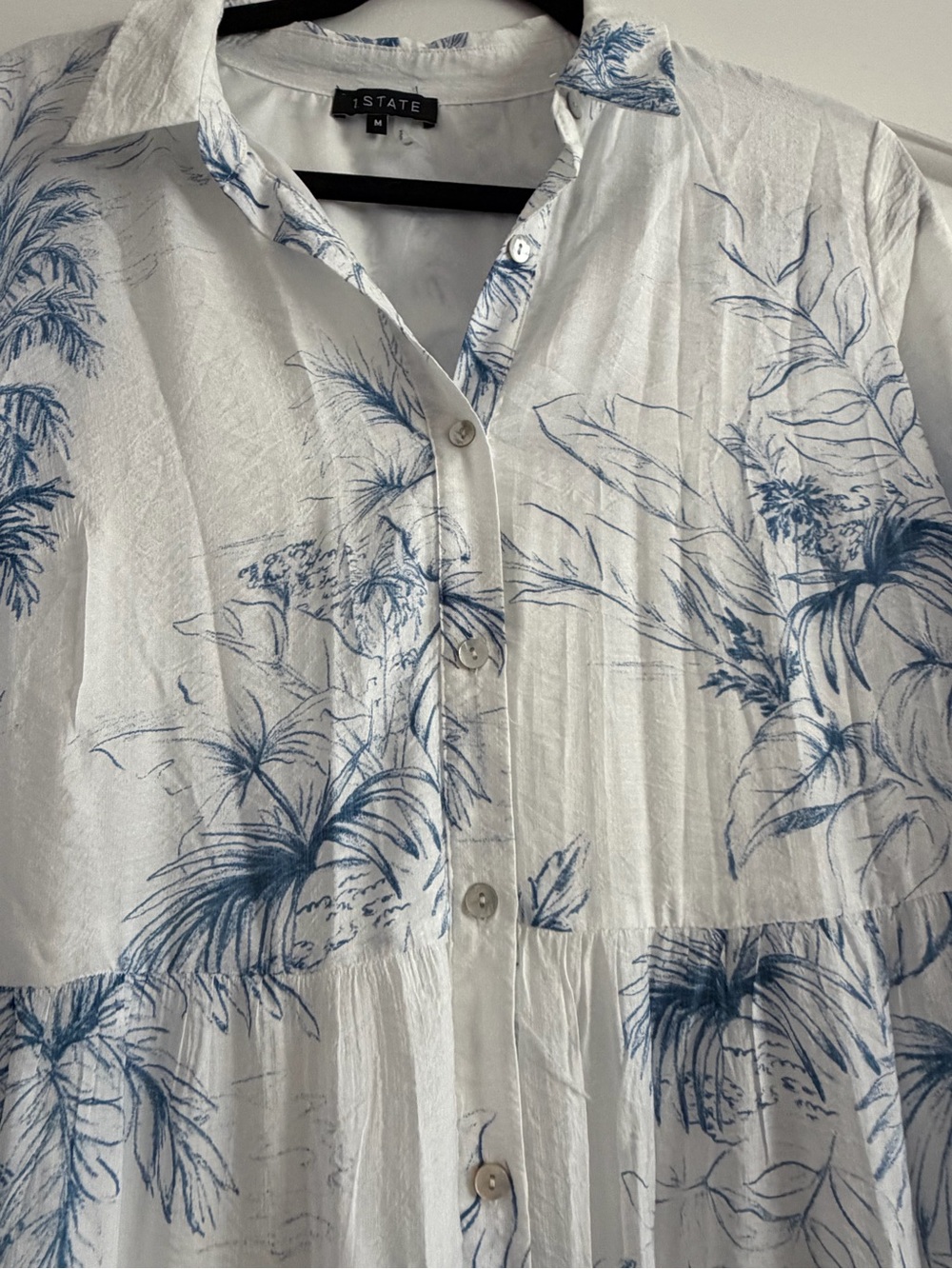 1. State White Button-Up Dress with Blue Tropical Sketch
